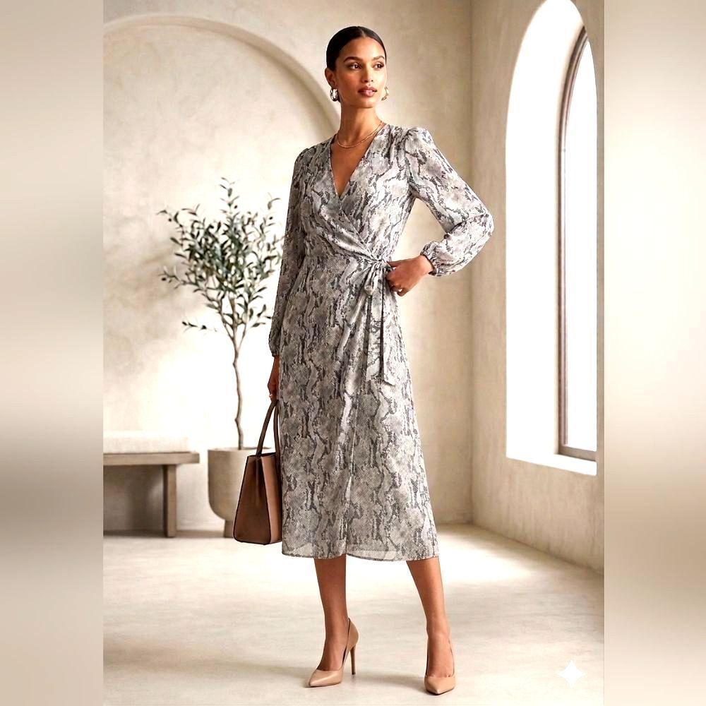 Express Gray Snake Print Long Sleeve Dress